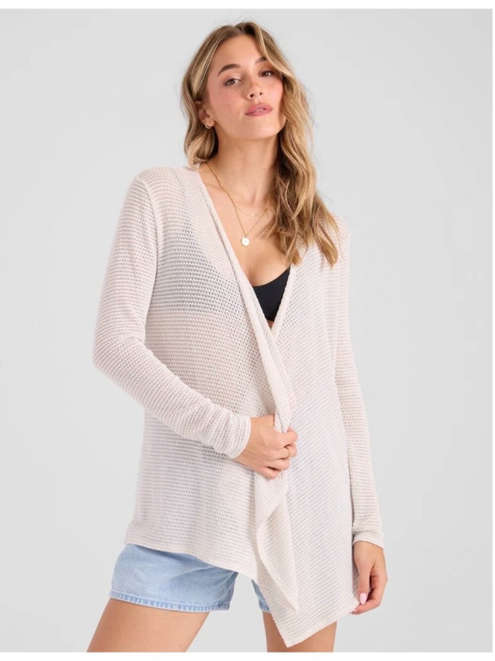 NWT Volcom Lived In Go Go Open Knit Beige BOHO Waterfall Cardigan Wrap Sz 16